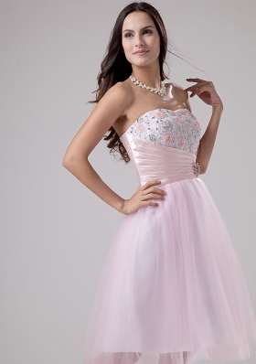 Tea-length Pink Tulle Lace and Beaded Prom Dress