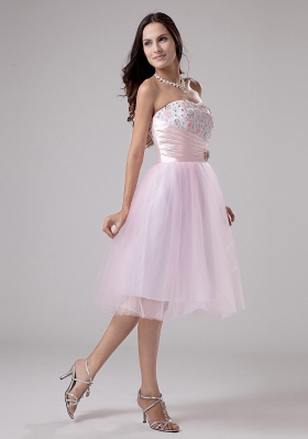 Tea-length Pink Tulle Lace and Beaded Prom Dress