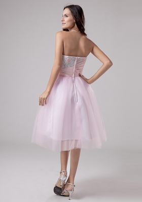 Tea-length Pink Tulle Lace and Beaded Prom Dress