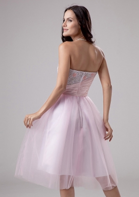 Tea-length Pink Tulle Lace and Beaded Prom Dress