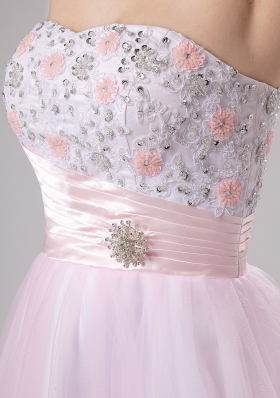 Tea-length Pink Tulle Lace and Beaded Prom Dress