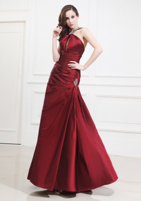 Beading Taffeta Prom Dress Halter A-Line Wine Red