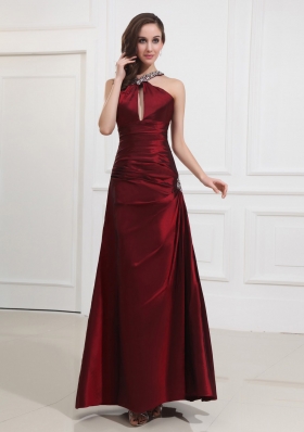 Beading Taffeta Prom Dress Halter A-Line Wine Red