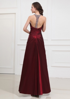 Beading Taffeta Prom Dress Halter A-Line Wine Red