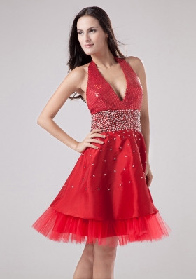 Red Halter Short Satin and Tulle Beaded Prom Gown