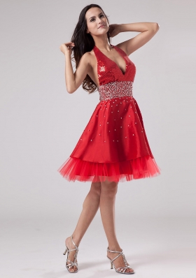 Red Halter Short Satin and Tulle Beaded Prom Gown