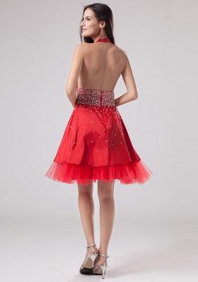 Red Halter Short Satin and Tulle Beaded Prom Gown