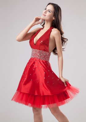 Red Halter Short Satin and Tulle Beaded Prom Gown