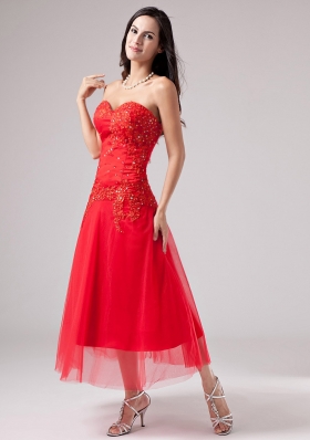 Red Ankle-length TulleProm Dress Beads Appliques