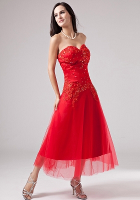 Red Ankle-length TulleProm Dress Beads Appliques