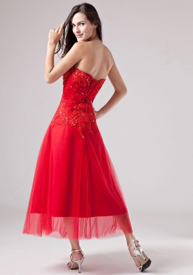 Red Ankle-length TulleProm Dress Beads Appliques