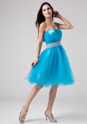 Teal Knee-length Organza Prom Dress Sash Ruched