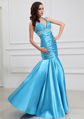 Halter Blue Mermaid Beading Prom Gown with Ruching