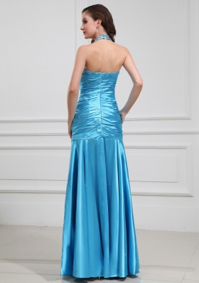 Halter Blue Mermaid Beading Prom Gown with Ruching