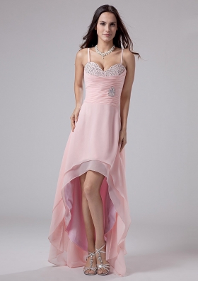 Beaded Spaghetti Straps High-low Prom Dress Pink