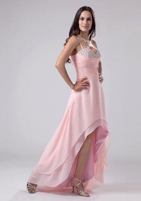 Beaded Spaghetti Straps High-low Prom Dress Pink