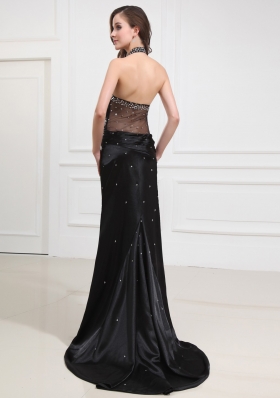 Column Black Brush Prom Dress with Halter High Slit