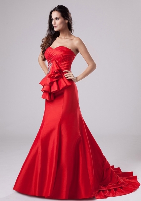 Mermaid Red Sweetheart Taffeta Prom Pageant Dress Ruffled