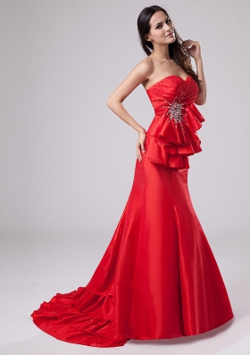 Mermaid Red Sweetheart Taffeta Prom Pageant Dress Ruffled