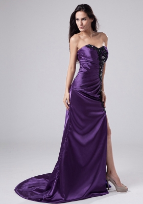 High Slit Purple Prom Dress with Beads Applique