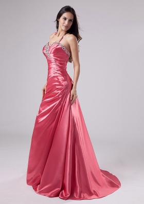 Halter Elastic Woven Satin Prom Dress Rose Pink