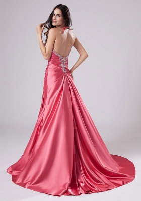 Halter Elastic Woven Satin Prom Dress Rose Pink