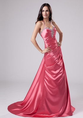 Halter Elastic Woven Satin Prom Dress Rose Pink