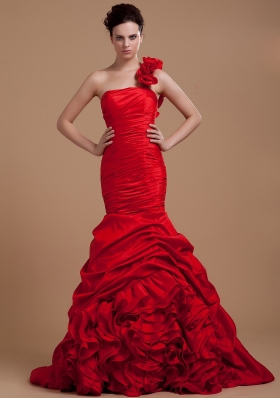 Handle Flower One Shoulder Mremaid Prom Gown Red