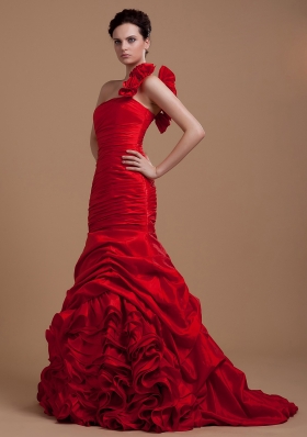 Handle Flower One Shoulder Mremaid Prom Gown Red