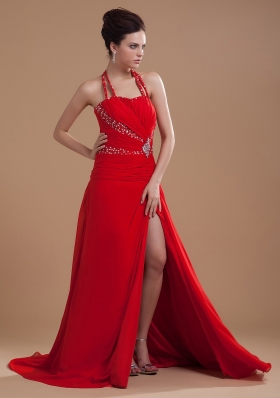 Beading High Slit 2013 Prom Dress Halter Red Brush