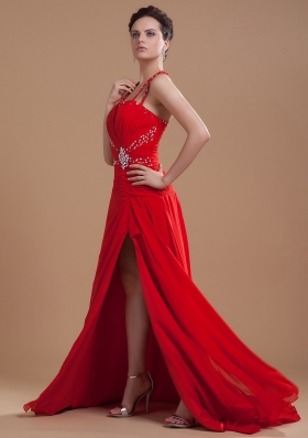 Beading High Slit 2013 Prom Dress Halter Red Brush