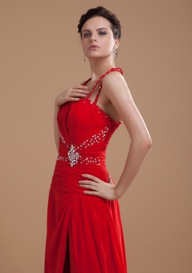 Beading High Slit 2013 Prom Dress Halter Red Brush