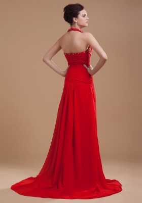 Beading High Slit 2013 Prom Dress Halter Red Brush