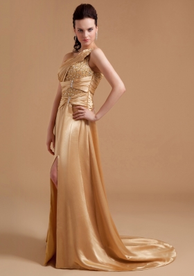 Champagne Prom Dress Beading One Shoulder High Slit