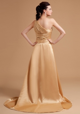 Champagne Prom Dress Beading One Shoulder High Slit