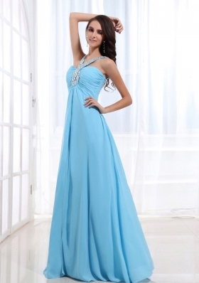 Customize Beaded V-neck Baby Blue Prom Dress Keyhole