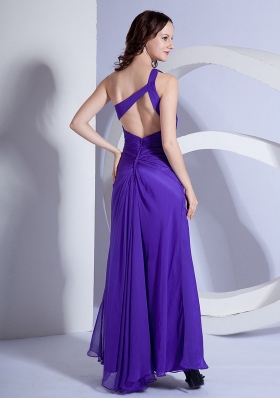 Purple Prom Dress One Shoulder Beading Ruch Slit