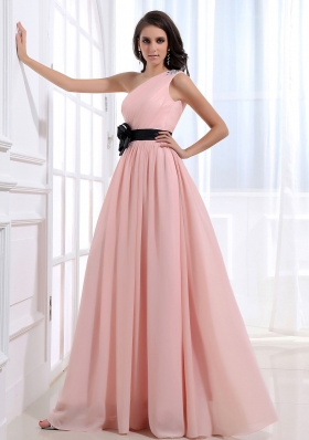 One Shoulder Baby Pink Sash Prom Dress Chiffon