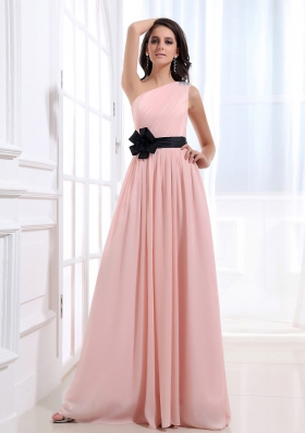 One Shoulder Baby Pink Sash Prom Dress Chiffon