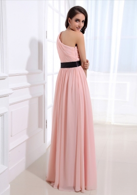 One Shoulder Baby Pink Sash Prom Dress Chiffon