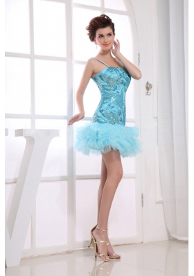 Embroidery Aqua Blue Short Prom Dress Spaghetti Straps