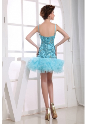 Embroidery Aqua Blue Short Prom Dress Spaghetti Straps