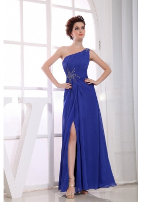 Beading Blue High Slit Prom Dress One Shoulder