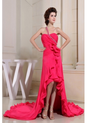 Coral Red High-lo One Shoulder Prom Dress Hand Made