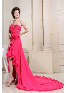 Coral Red High-lo One Shoulder Prom Dress Hand Made