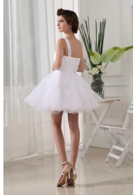 One Shoulder White Prom Dress Pleats Mini-length