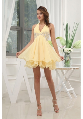 Yellow Cocktail Dress Halter Appliques Mini-length