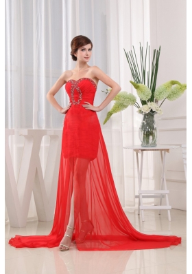 Sweet Red Prom Dress Brush Beading Ruched Hi-lo