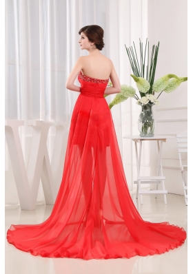 Sweet Red Prom Dress Brush Beading Ruched Hi-lo