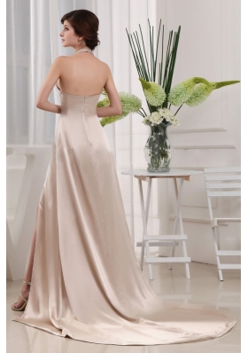 Champagne Prom Evening Dress Halter Brush Beading Slit